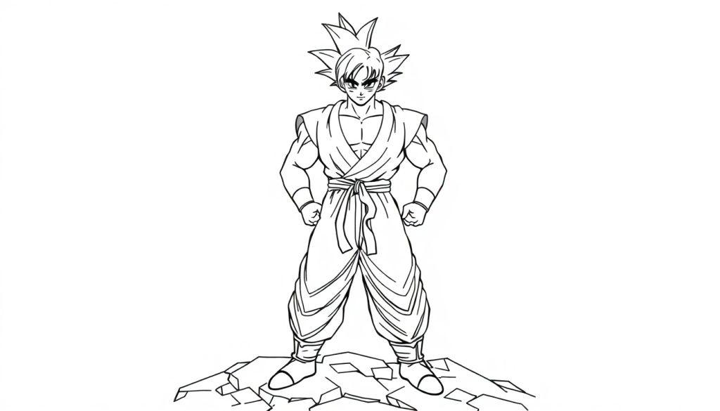 Malvorlage: Erwachsener Son Goku in Kampfpose mit aufrecht stehenden Haaren und Obi, steht auf Felsen.