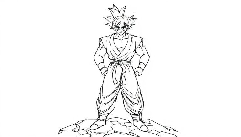 Malvorlage: Erwachsener Son Goku in Kampfpose mit aufrecht stehenden Haaren und Obi, steht auf Felsen.