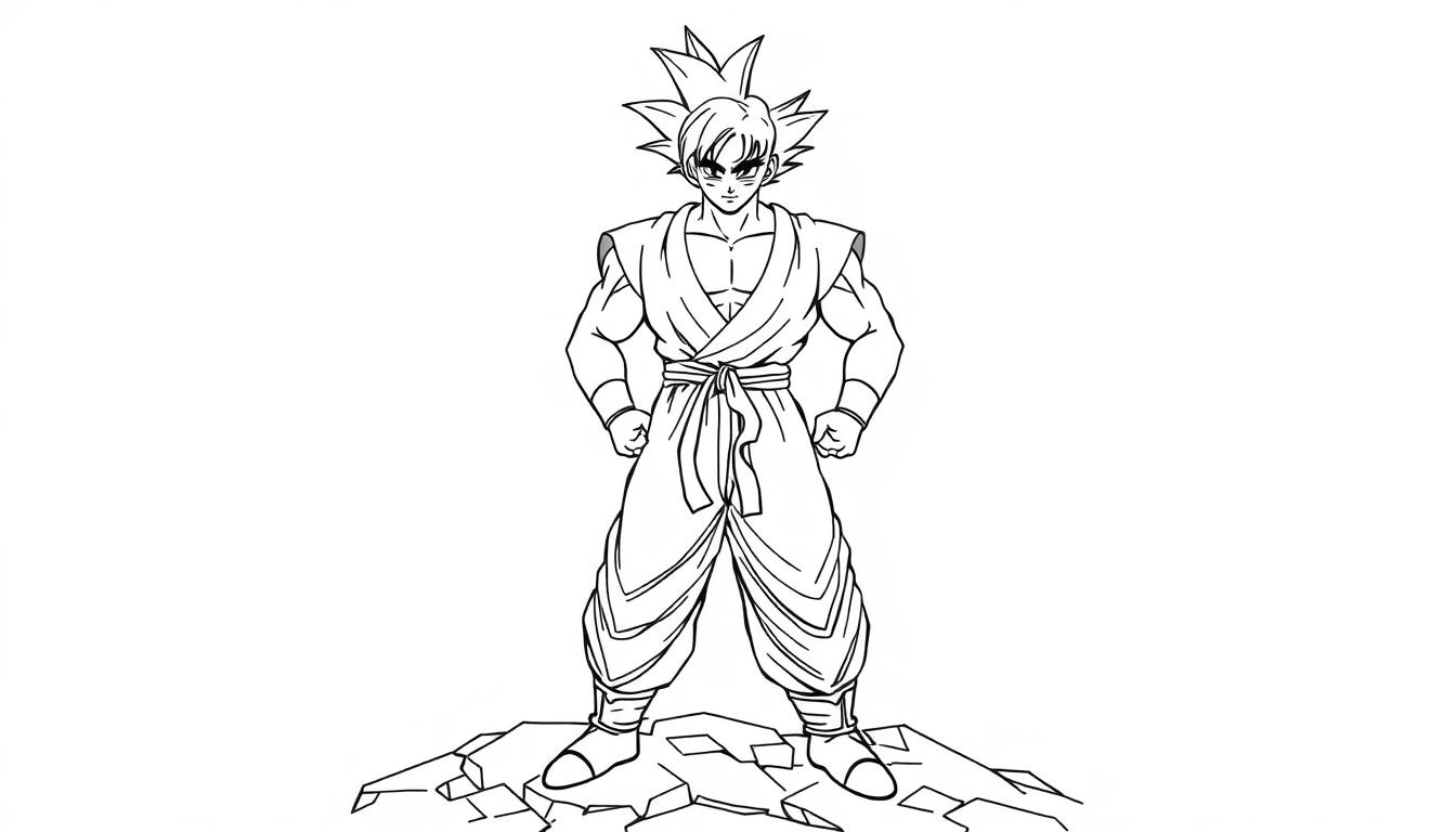 Malvorlage: Erwachsener Son Goku in Kampfpose mit aufrecht stehenden Haaren und Obi, steht auf Felsen.