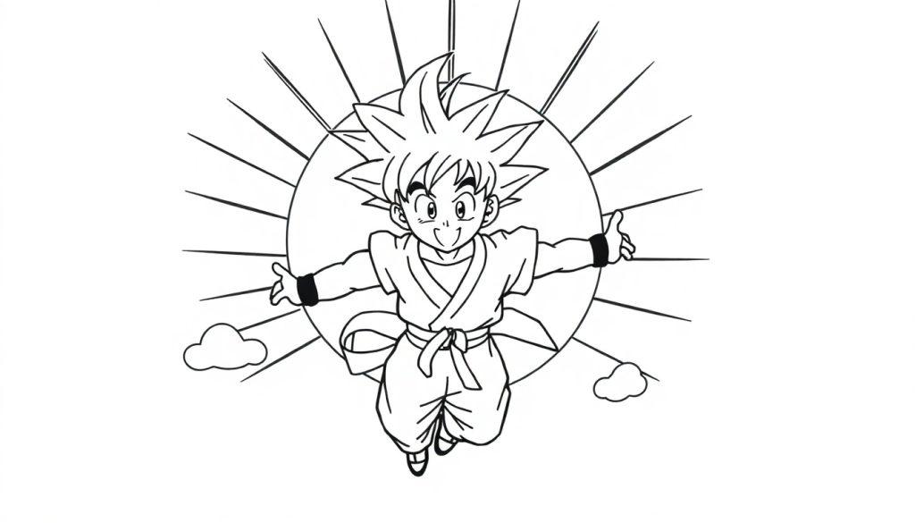 Schwarz-Weiß-Zeichnung von Son Goku, Anime-Junge mit stacheligen Haaren, fliegt mit ausgestreckten Armen vor einem strahlenden Kreis und Wolken, Malvorlage