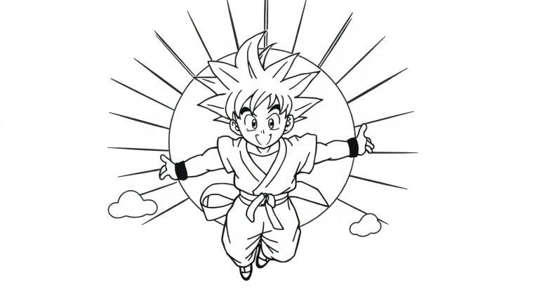 Schwarz-Weiß-Zeichnung von Son Goku, Anime-Junge mit stacheligen Haaren, fliegt mit ausgestreckten Armen vor einem strahlenden Kreis und Wolken, Malvorlage