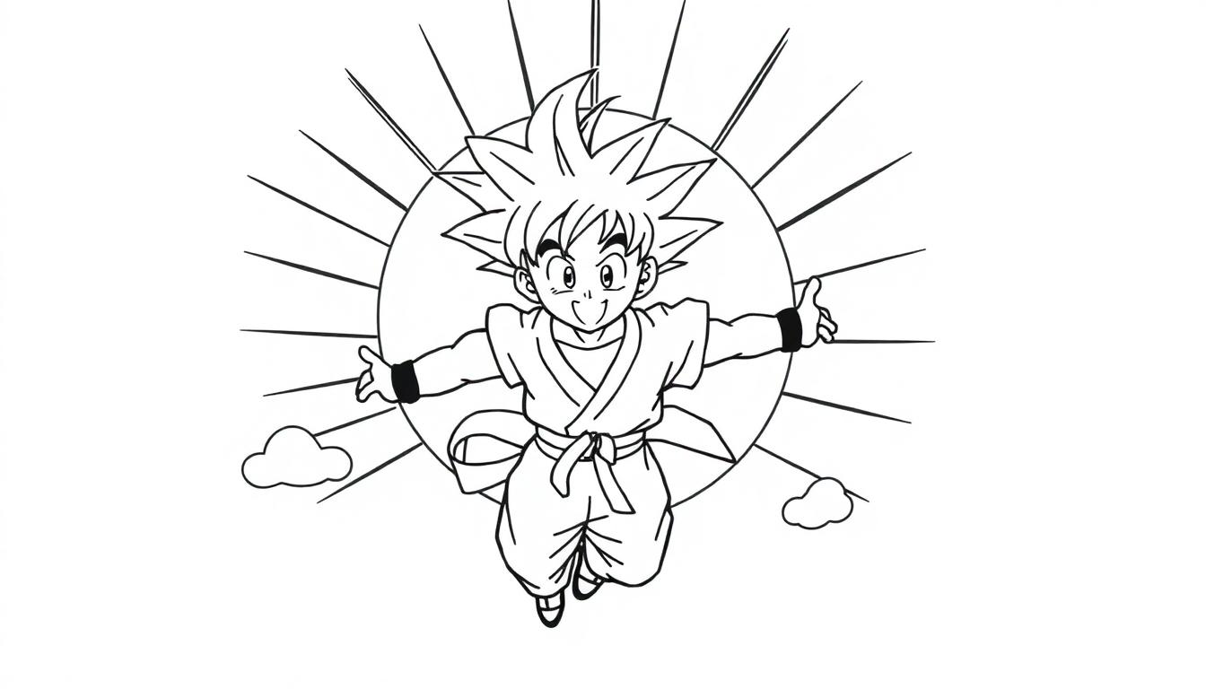 Schwarz-Weiß-Zeichnung von Son Goku, Anime-Junge mit stacheligen Haaren, fliegt mit ausgestreckten Armen vor einem strahlenden Kreis und Wolken, Malvorlage