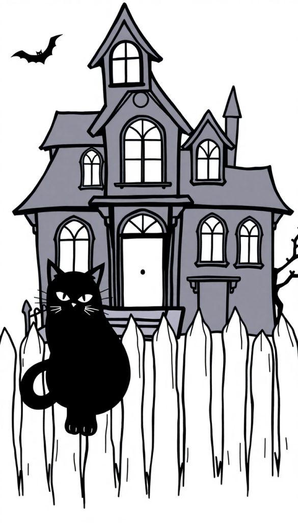 Malvorlage: Ein dunkles, gruseliges Spukhaus steht im Mittelpunkt, während ein schwarzer Kater über einen rustikalen Holzzaun lugt. Eine Fledermaus kreist über dem Dach des Hauses, was die Szene für Halloween-Kinderaktivitäten vervollständigt.