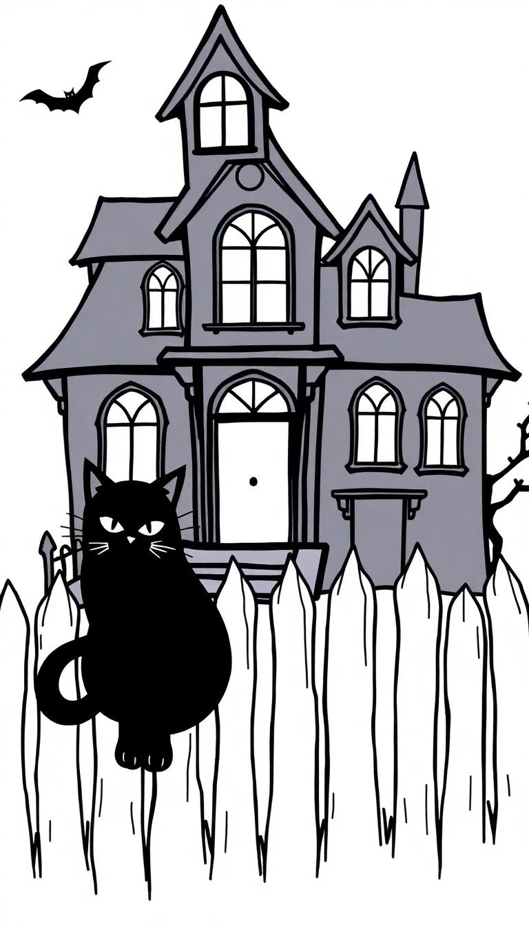 Malvorlage: Ein dunkles, gruseliges Spukhaus steht im Mittelpunkt, während ein schwarzer Kater über einen rustikalen Holzzaun lugt. Eine Fledermaus kreist über dem Dach des Hauses, was die Szene für Halloween-Kinderaktivitäten vervollständigt.