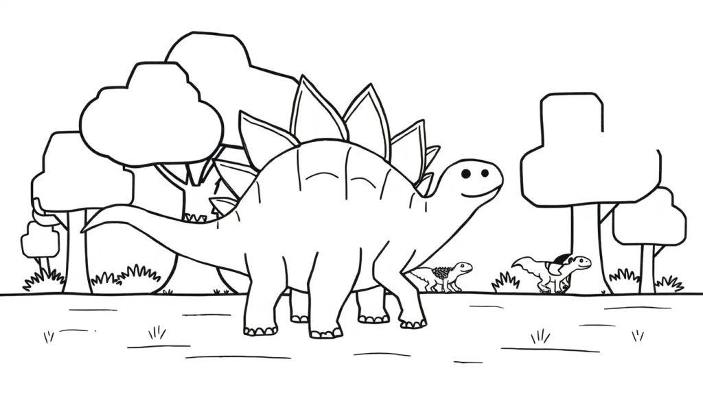 Malvorlage: Ein großer Stegosaurus mit deutlichen Rückenschildern steht im Vordergrund eines prähistorischen Waldes. Dahinter sind zwei kleinere Dinosaurier und viele Bäume zu sehen.