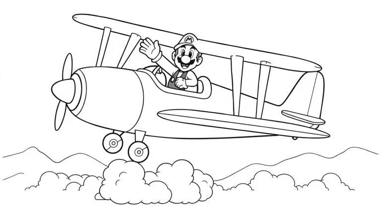 Schwarz-Weiß-Malvorlage von Super Mario, der ein Biplane fliegt und winkt, mit Berg- und Wolkenhintergrund.