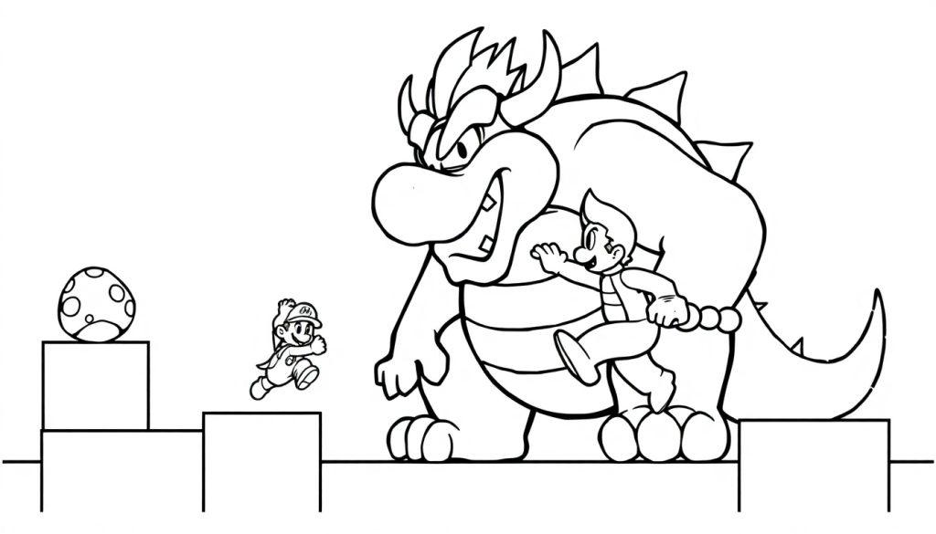 Malvorlage: Bowser, Luigi und Mario aus Super Mario, Luigi ist auf Bowsers Schulter, Mario flieht.