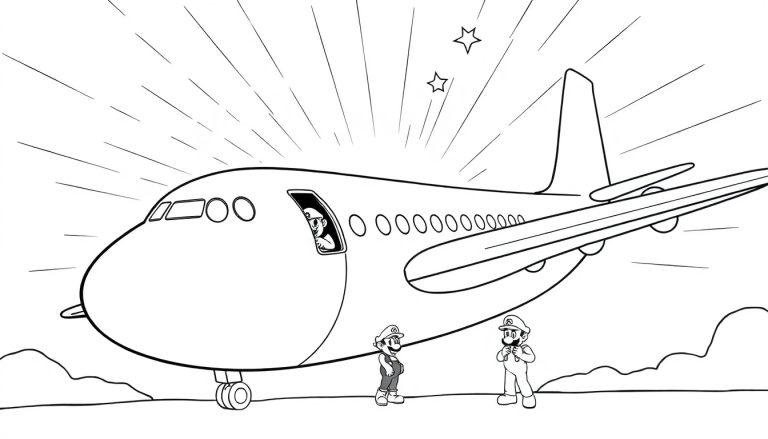 Super Mario Malvorlage mit einem großen Flugzeug und den Charakteren Mario und Luigi.