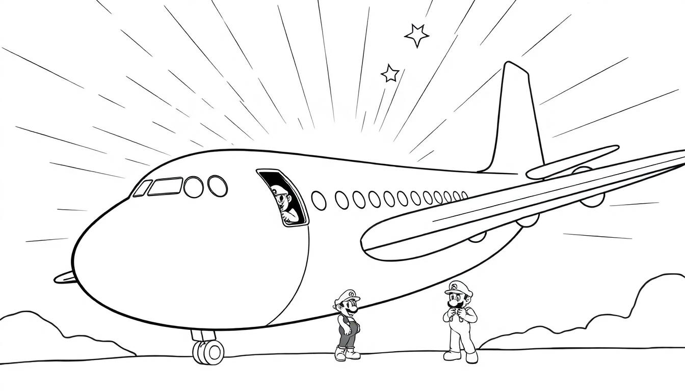 Super Mario Malvorlage mit einem großen Flugzeug und den Charakteren Mario und Luigi.