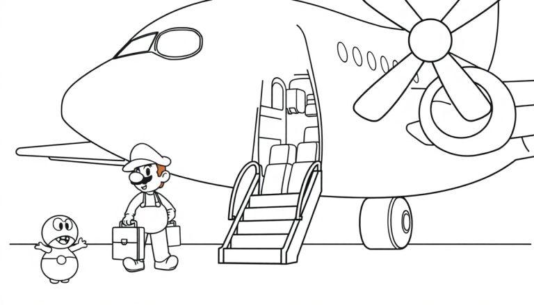 Super Mario Malvorlage mit einem Flugzeug, Mario mit Koffern und einer kleinen Kreatur.