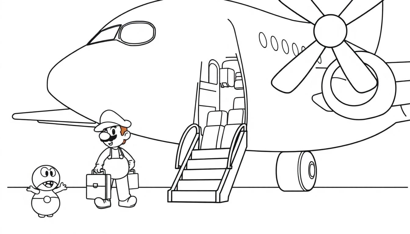 Super Mario Malvorlage mit einem Flugzeug, Mario mit Koffern und einer kleinen Kreatur.