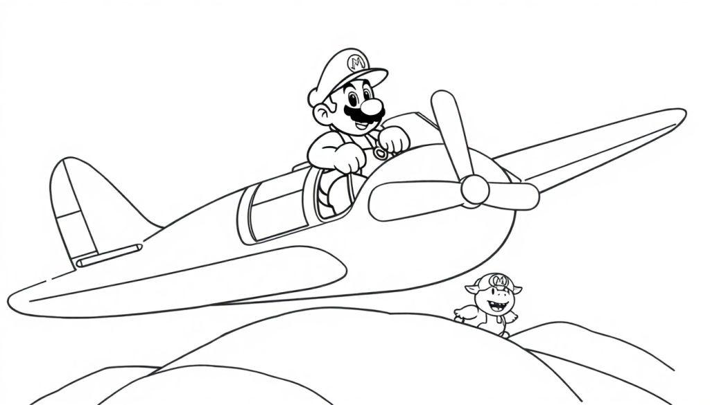 Schwarz-Weiß-Malvorlage von Super Mario in einem Flugzeug, begleitet von einem kleinen Wesen mit Hut, über flachen Hügeln