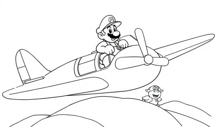 Schwarz-Weiß-Malvorlage von Super Mario in einem Flugzeug, begleitet von einem kleinen Wesen mit Hut, über flachen Hügeln