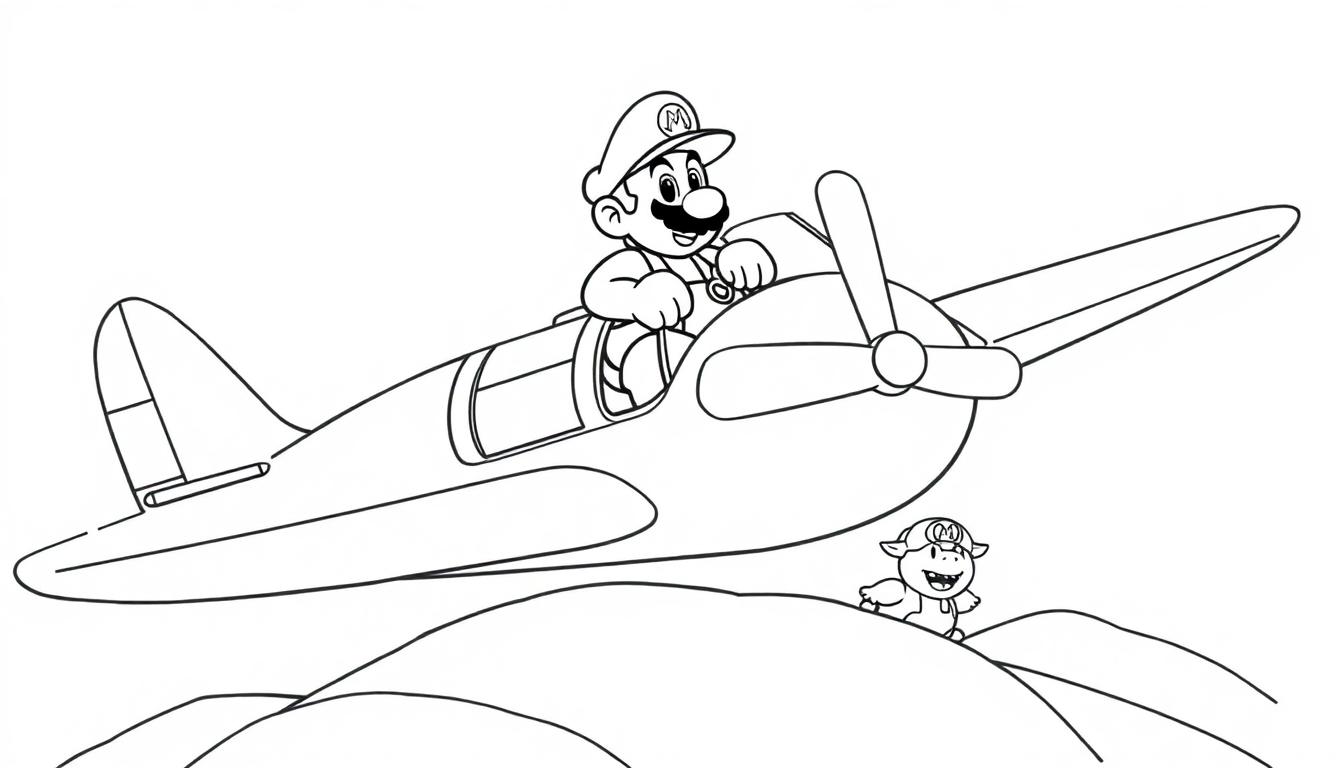 Schwarz-Weiß-Malvorlage von Super Mario in einem Flugzeug, begleitet von einem kleinen Wesen mit Hut, über flachen Hügeln
