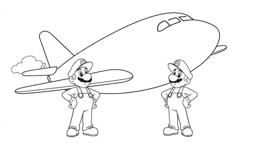 Malvorlage mit einem großen Flugzeug und den Umrissen von zwei Mario-Figuren.
