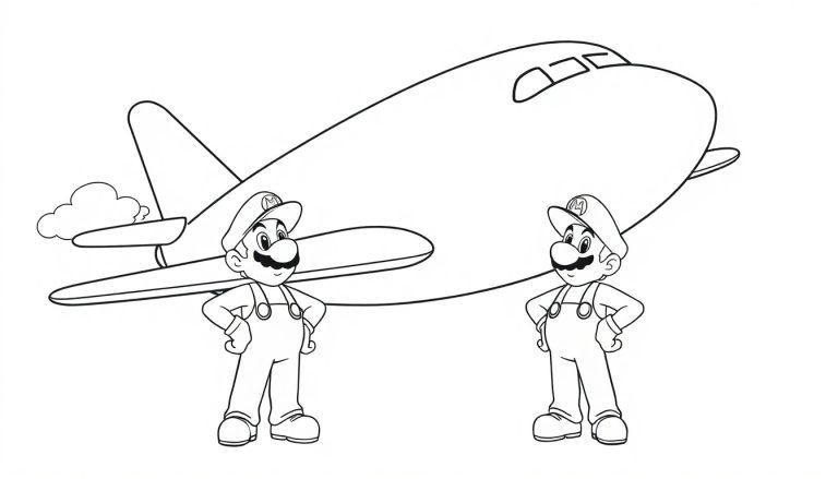 Malvorlage mit einem großen Flugzeug und den Umrissen von zwei Mario-Figuren.