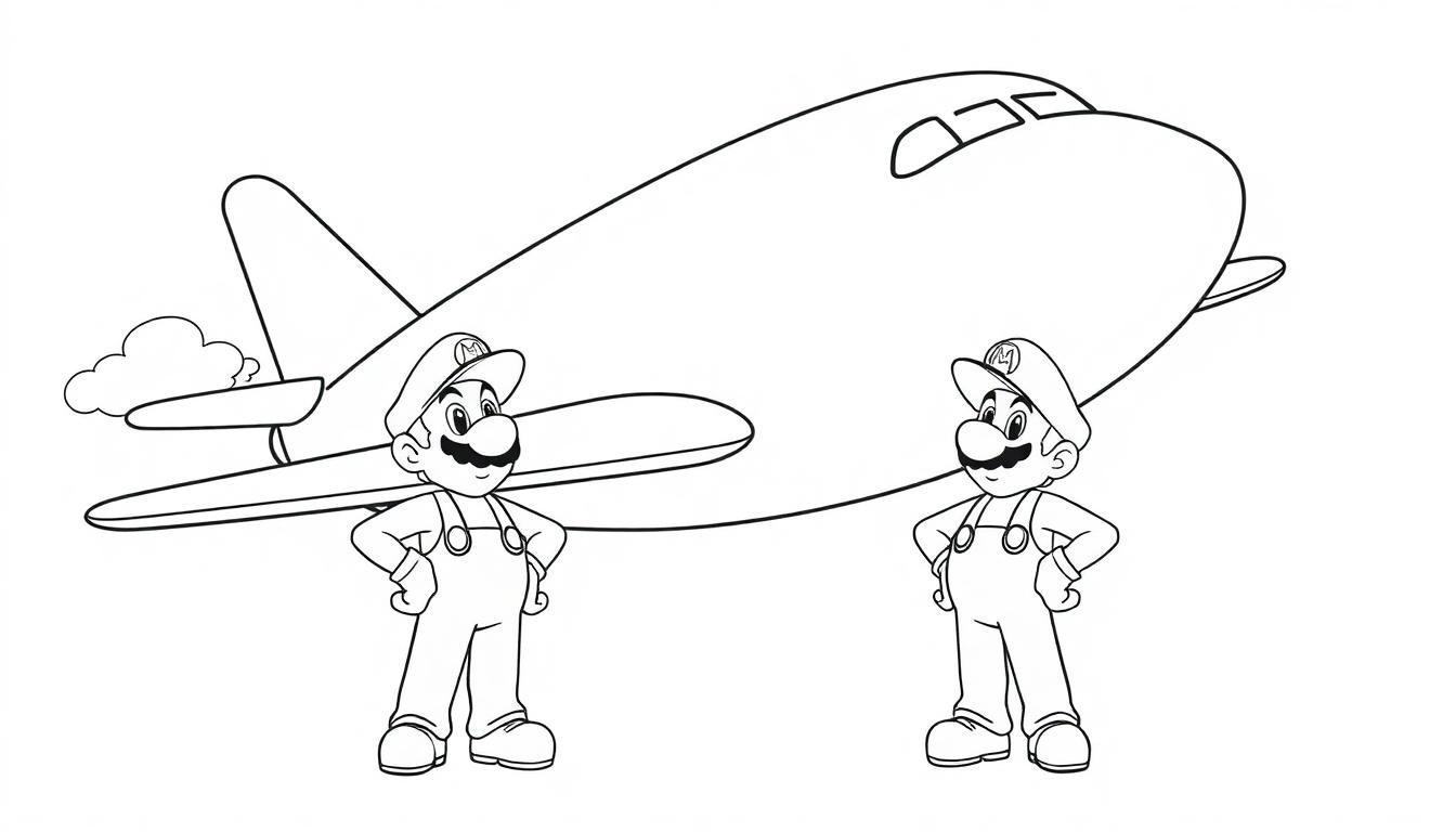 Malvorlage mit einem großen Flugzeug und den Umrissen von zwei Mario-Figuren.