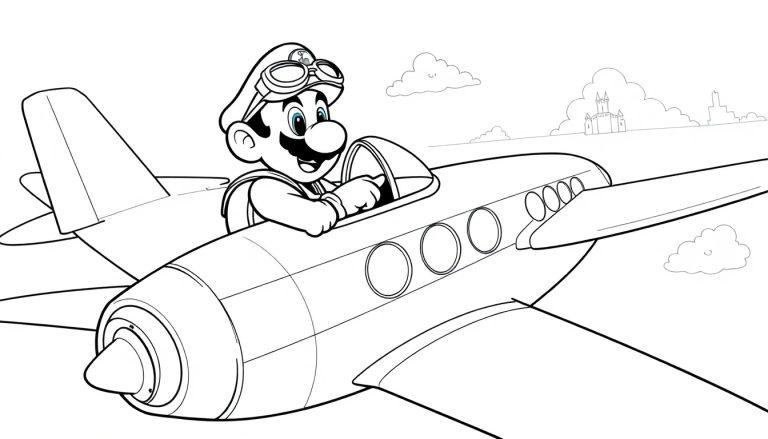 Malvorlage: Super Mario als Pilot in einem Flugzeug mit Burg im Hintergrund.