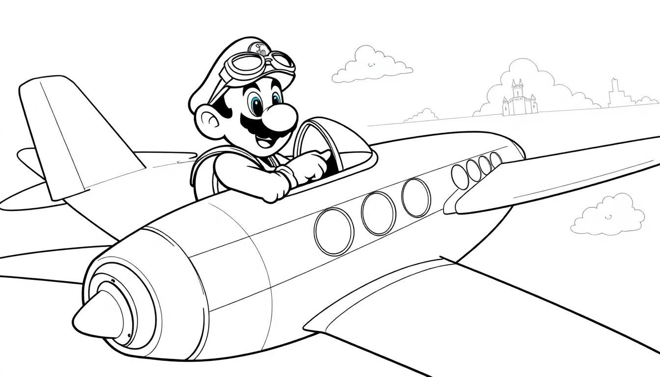 Malvorlage: Super Mario als Pilot in einem Flugzeug mit Burg im Hintergrund.