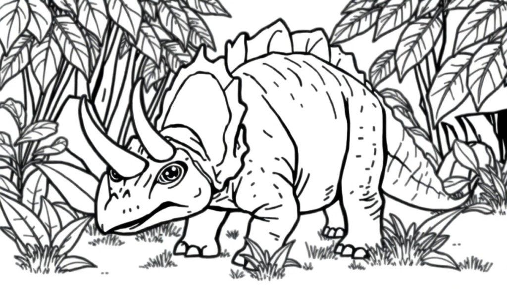 Malvorlage eines Triceratops im Dschungel