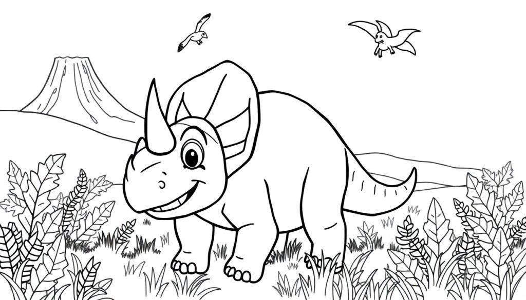 Malvorlage eines Triceratops in prähistorischer Landschaft mit Vulkan und Pterodaktylen