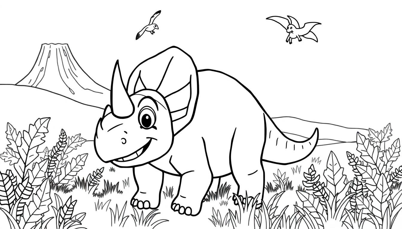 Malvorlage eines Triceratops in prähistorischer Landschaft mit Vulkan und Pterodaktylen