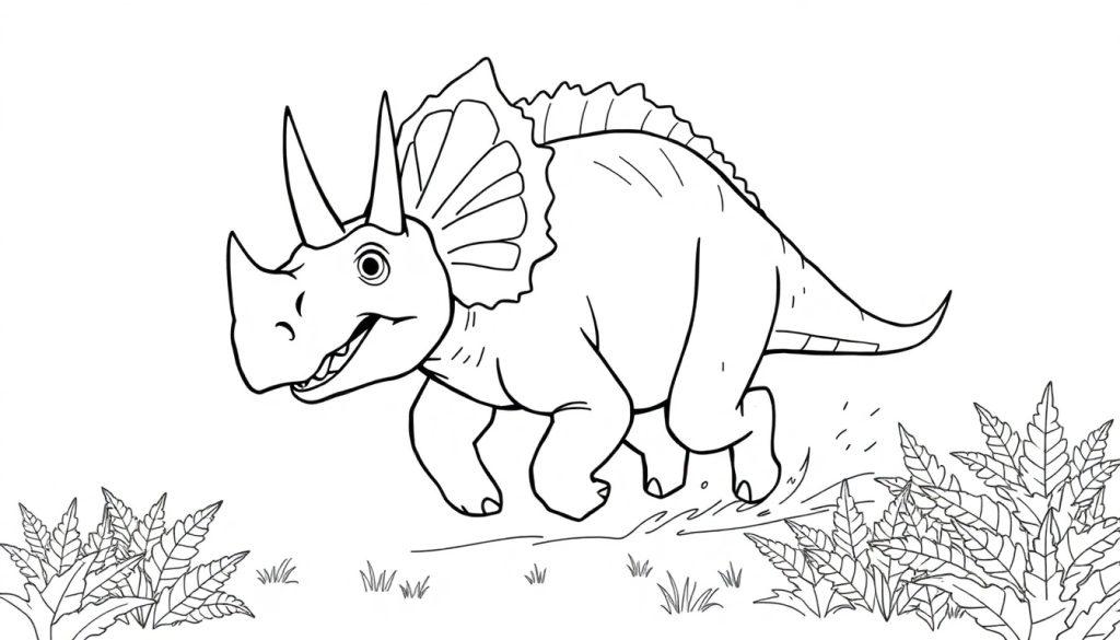 Malvorlage eines Triceratops, der durch Gras und Pflanzen rennt, mit großen Hörnern und Nackenschild.