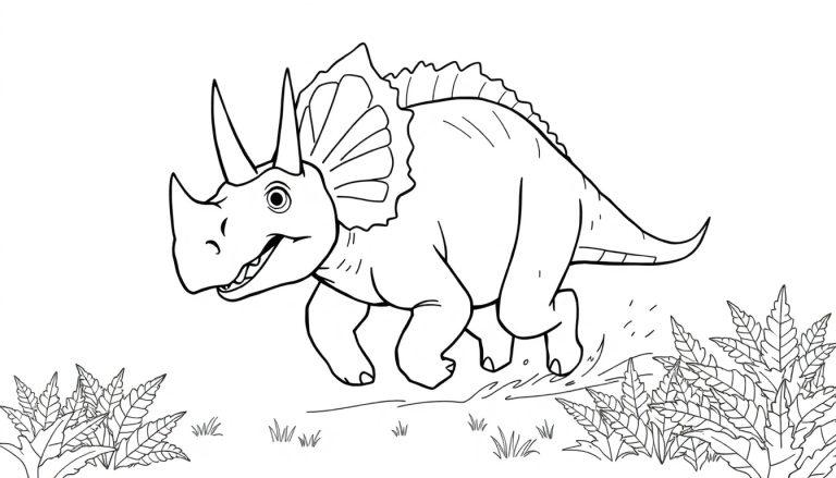 Malvorlage eines Triceratops, der durch Gras und Pflanzen rennt, mit großen Hörnern und Nackenschild.