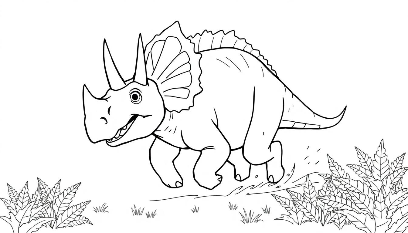 Malvorlage eines Triceratops, der durch Gras und Pflanzen rennt, mit großen Hörnern und Nackenschild.