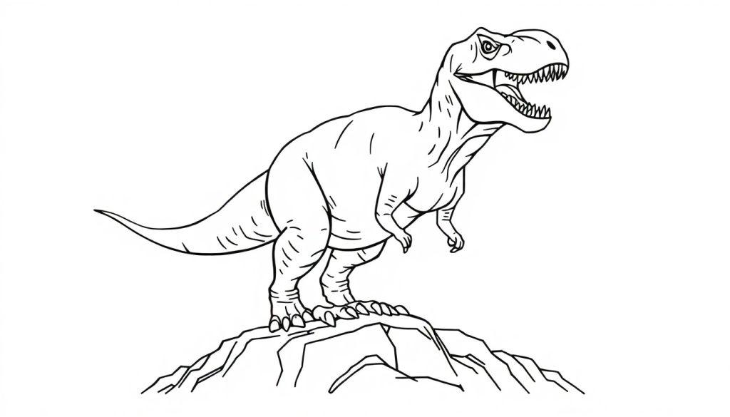 Tuschezeichnung eines Tyrannosaurus Rex, der auf einem Felsen steht, bereit zum Ausmalen.