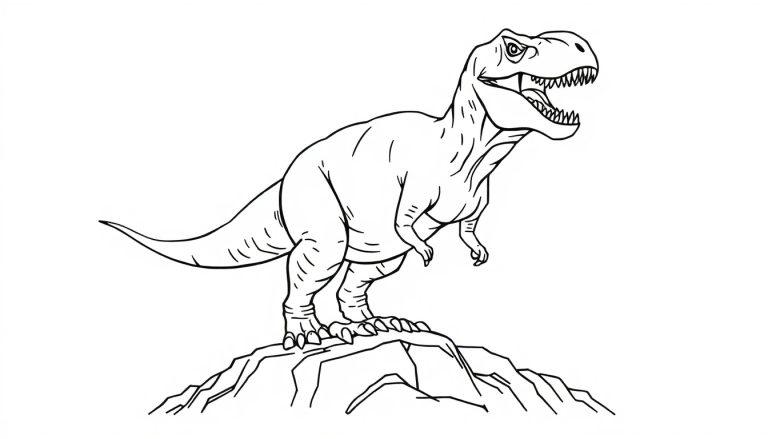 Tuschezeichnung eines Tyrannosaurus Rex, der auf einem Felsen steht, bereit zum Ausmalen.