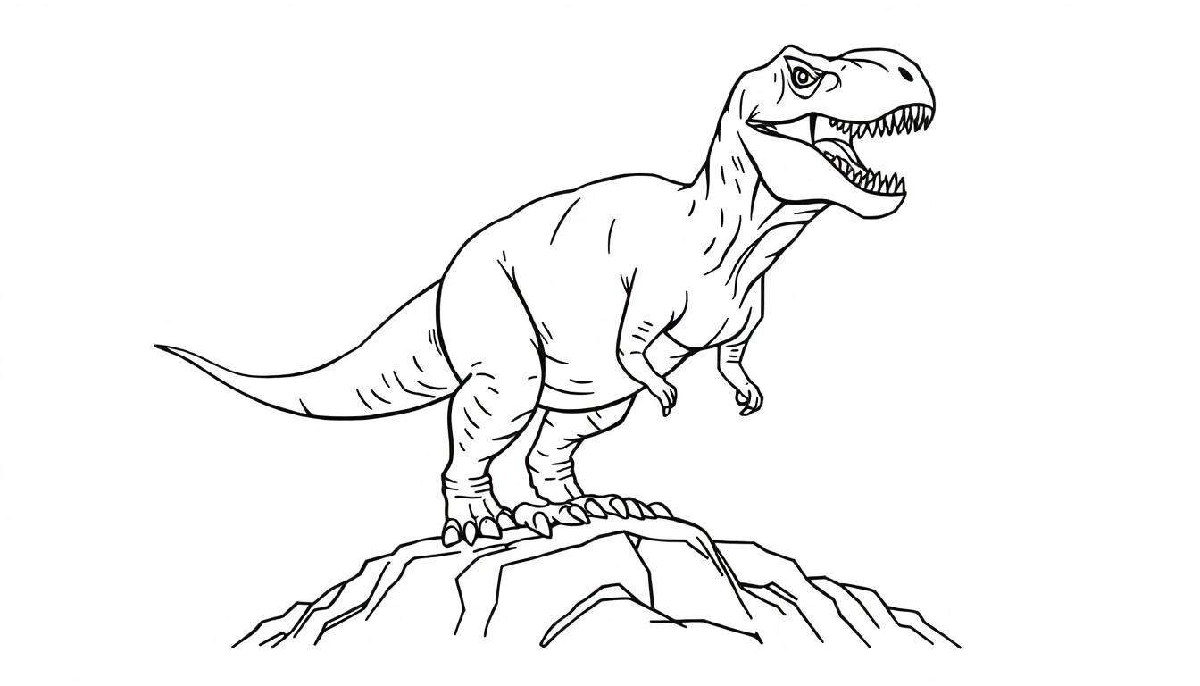 Tuschezeichnung eines Tyrannosaurus Rex, der auf einem Felsen steht, bereit zum Ausmalen.