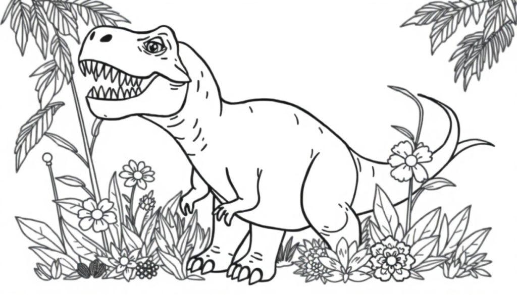 Schwarz-weiß Malvorlage eines Tyrannosaurus Rex mit offenem Maul, umgeben von Pflanzen und Blumen.