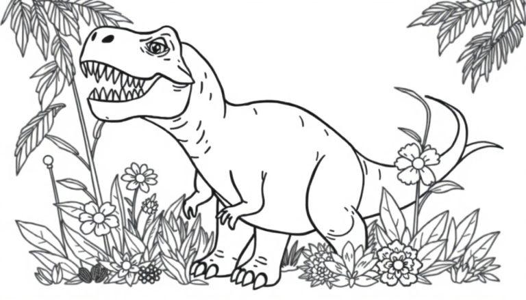 Schwarz-weiß Malvorlage eines Tyrannosaurus Rex mit offenem Maul, umgeben von Pflanzen und Blumen.