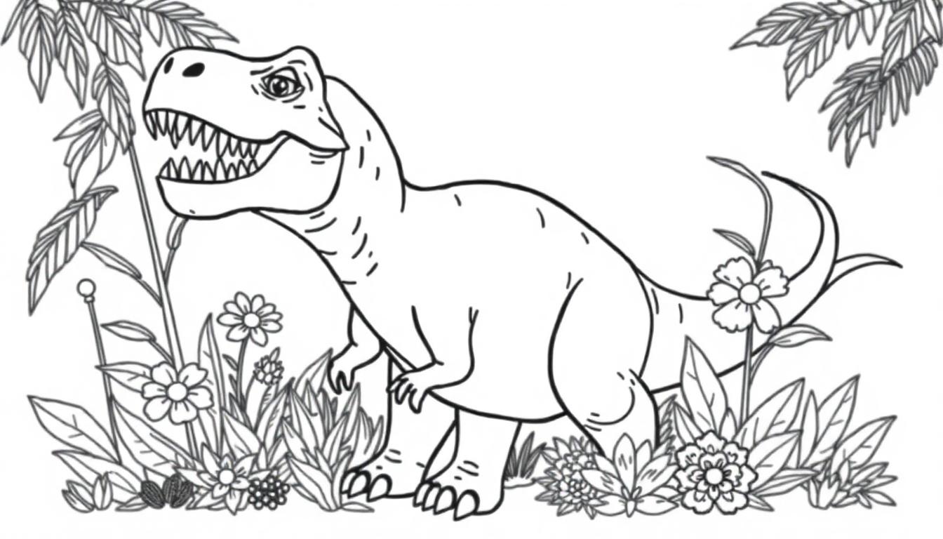 Schwarz-weiß Malvorlage eines Tyrannosaurus Rex mit offenem Maul, umgeben von Pflanzen und Blumen.