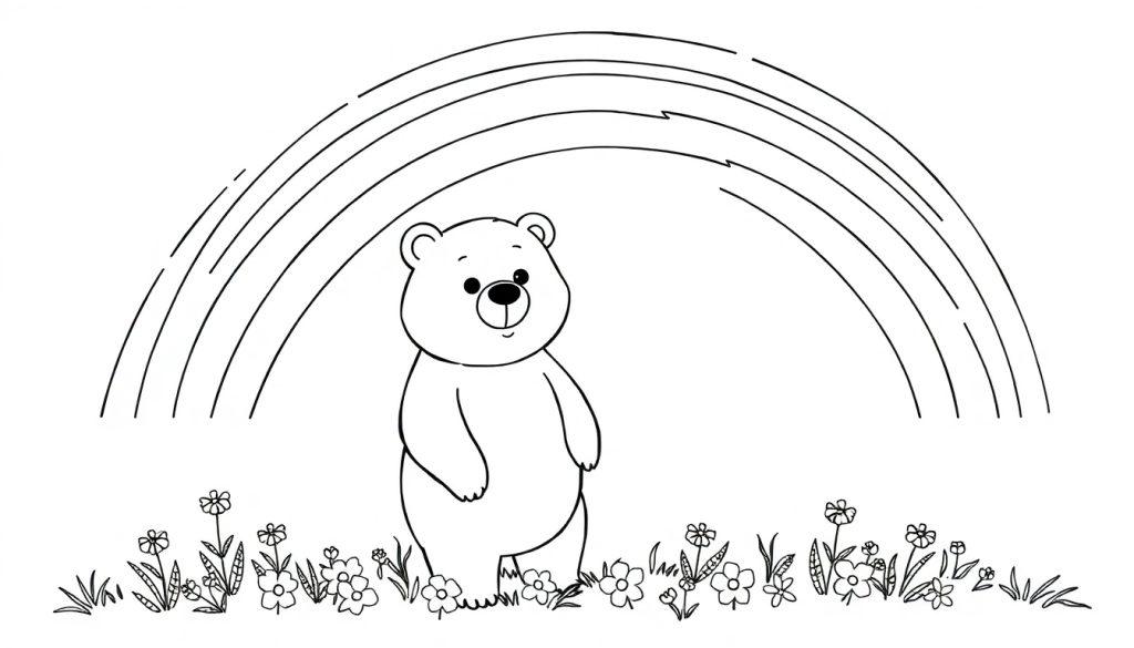 Ausmalbild eines freundlichen Bären, der aufrecht steht, mit einem großen Regenbogen darüber und vielen Blumen am unteren Rand.