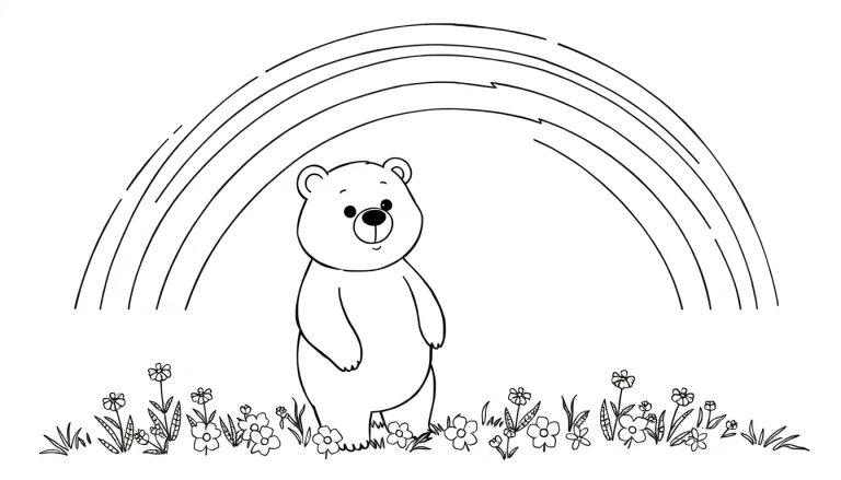 Ausmalbild eines freundlichen Bären, der aufrecht steht, mit einem großen Regenbogen darüber und vielen Blumen am unteren Rand.