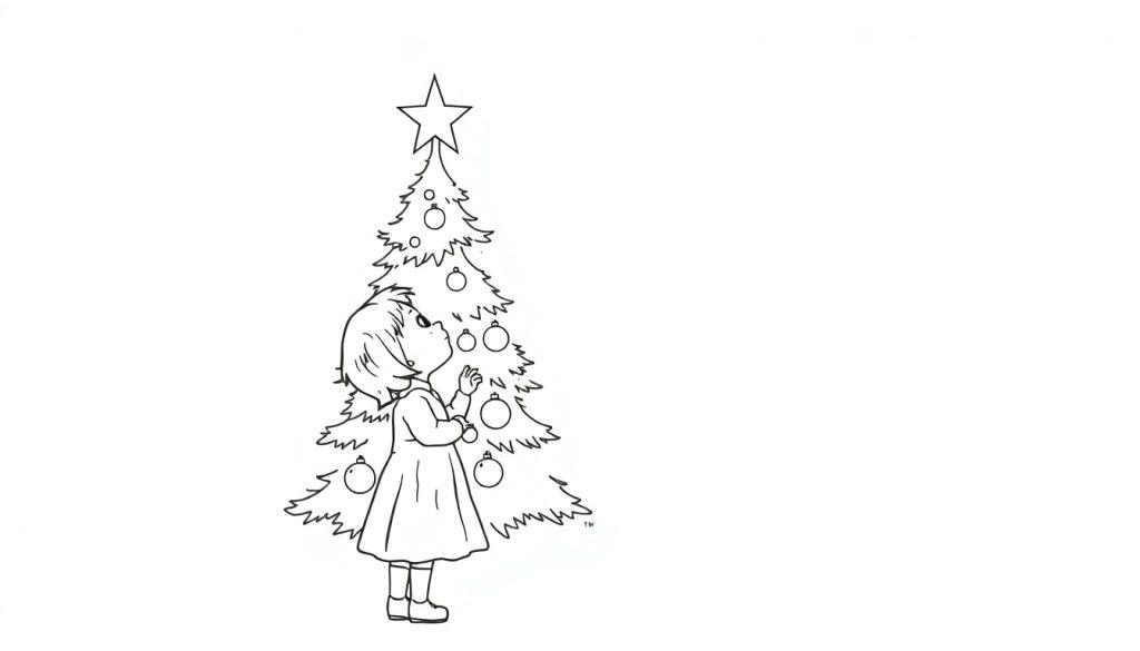 Schwarz-Weiß-Illustration eines kleinen Mädchens, das mit offenem Mund und erhobener Hand einen geschmückten Weihnachtsbaum bestaunt. Der Baum hat einen Stern an der Spitze und runde Kugeln. Weißer Hintergrund.