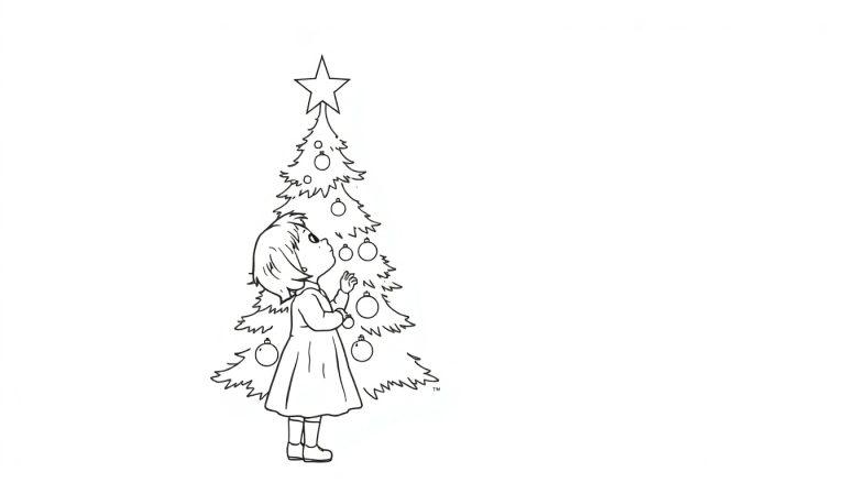 Schwarz-Weiß-Illustration eines kleinen Mädchens, das mit offenem Mund und erhobener Hand einen geschmückten Weihnachtsbaum bestaunt. Der Baum hat einen Stern an der Spitze und runde Kugeln. Weißer Hintergrund.