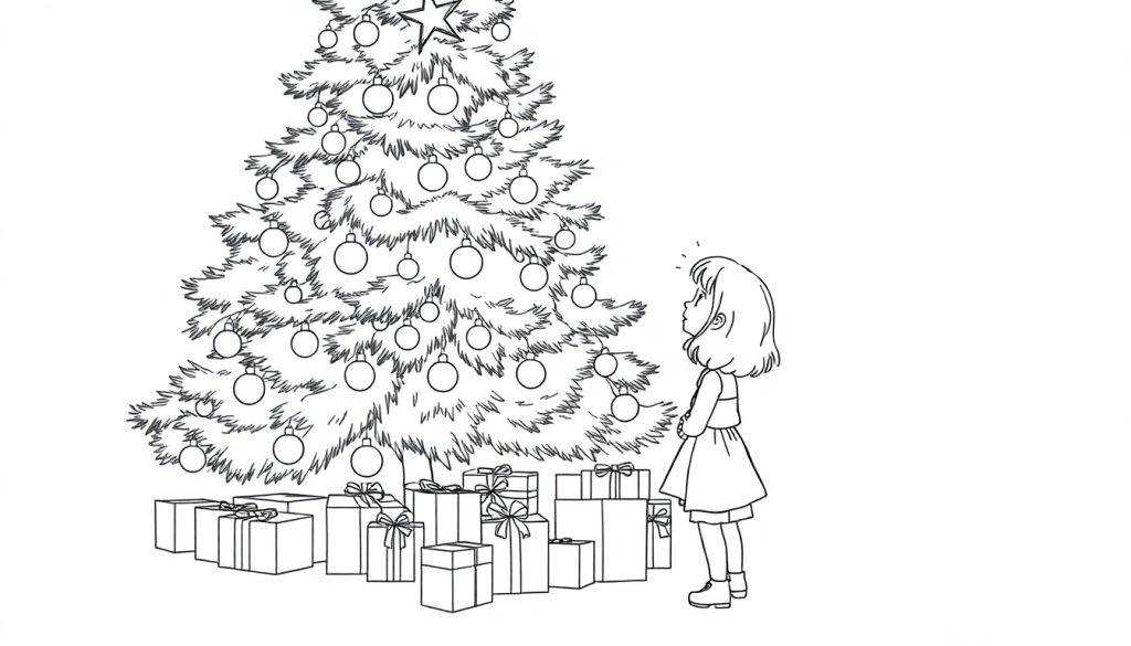Ausmalbild eines Weihnachtsbaums voller Kugeln und Geschenke, daneben ein staunendes kleines Mädchen.