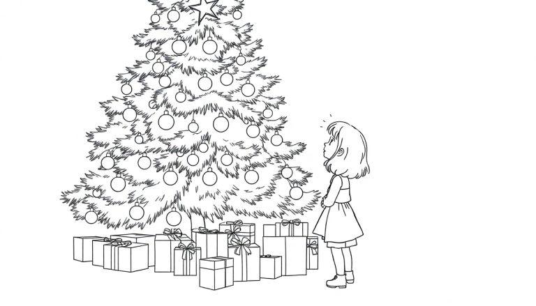 Ausmalbild eines Weihnachtsbaums voller Kugeln und Geschenke, daneben ein staunendes kleines Mädchen.