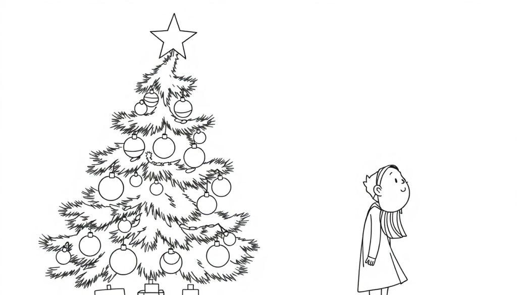 Schwarz-weiße Strichzeichnung einer Ausmalvorlage mit einem großen, dekorierten Weihnachtsbaum auf der linken Seite und einem Kind in Winterkleidung, das ihn lächelnd betrachtet, auf der rechten Seite.