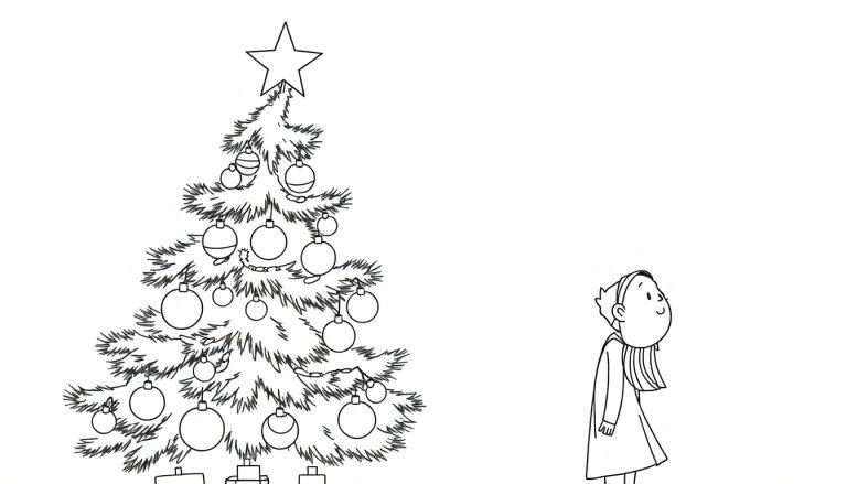 Schwarz-weiße Strichzeichnung einer Ausmalvorlage mit einem großen, dekorierten Weihnachtsbaum auf der linken Seite und einem Kind in Winterkleidung, das ihn lächelnd betrachtet, auf der rechten Seite.