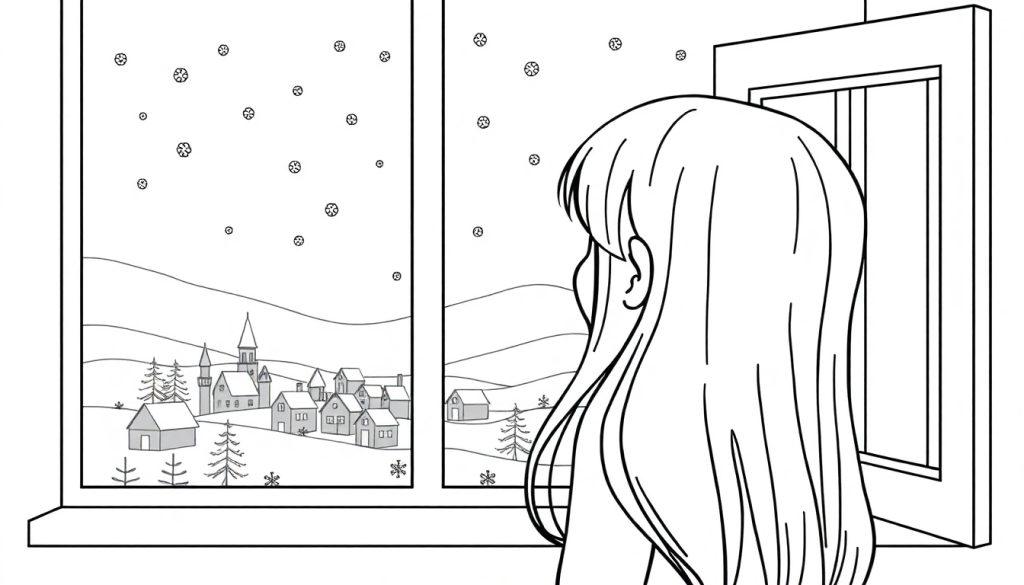 Ausmalbild einer Person, die aus einem Fenster auf ein verschneites Dorf und eine Winterlandschaft blickt.