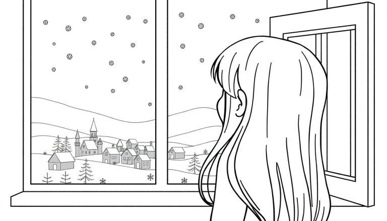 Ausmalbild einer Person, die aus einem Fenster auf ein verschneites Dorf und eine Winterlandschaft blickt.