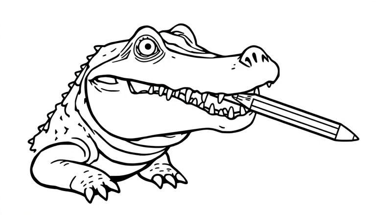 Schwarz-weiße Ausmalzeichnung eines Alligators, der einen Bleistift im Maul hält und nach rechts blickt.