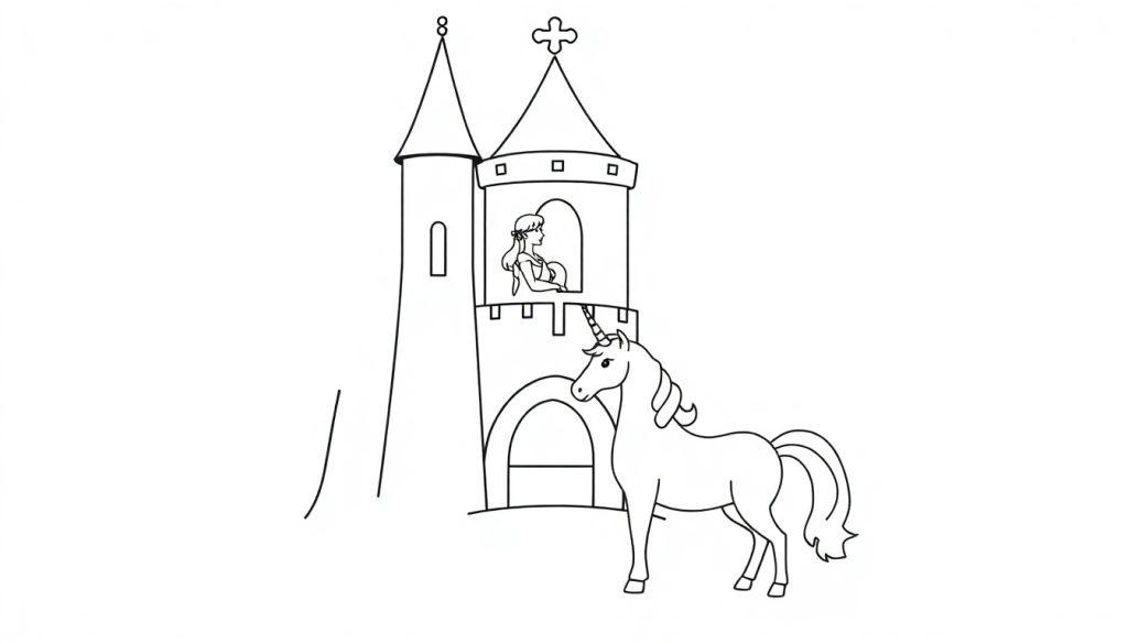 Schwarz-weiße Zeichnung einer Prinzessin, die aus einem hohen Burgturmfenster schaut, und eines Einhorns, das davor steht.