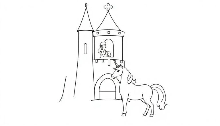 Schwarz-weiße Zeichnung einer Prinzessin, die aus einem hohen Burgturmfenster schaut, und eines Einhorns, das davor steht.