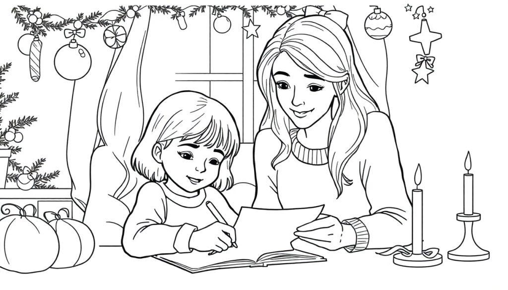 Schwarz-Weiß-Ausmalbild einer Frau und eines Mädchens, die an einem Tisch sitzen und schreiben, umgeben von Weihnachtsdekorationen wie Girlanden, Sternen und Kürbissen.