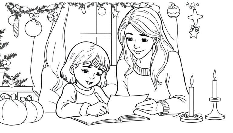 Schwarz-Weiß-Ausmalbild einer Frau und eines Mädchens, die an einem Tisch sitzen und schreiben, umgeben von Weihnachtsdekorationen wie Girlanden, Sternen und Kürbissen.